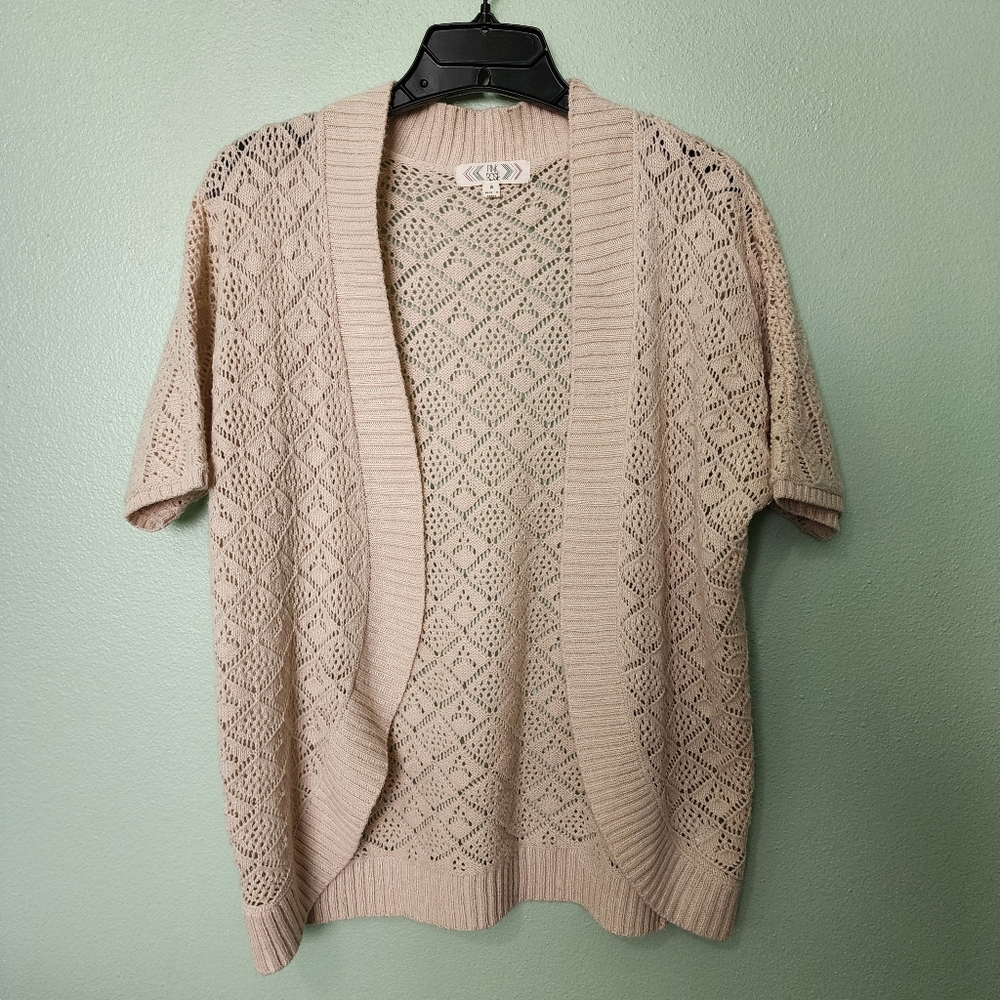Women's Pink Rose Short Sleeve Knit Cardigan Beige Size Small